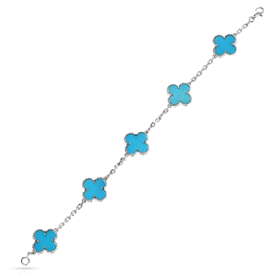 Lắc tay Vintage Alhambra Turquoise 5 motifs 15mm 18K BBD006-VCA